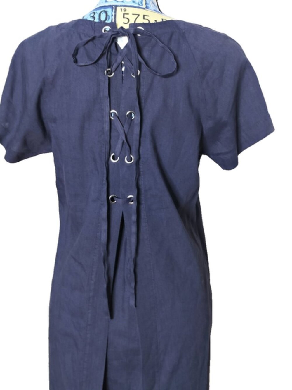 THEORY Keshelle Lace Back Raglan Dress Caliver Linen Crunch Wash Navy Blue Sz 8 - Picture 6 of 8
